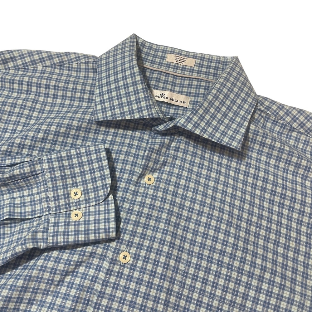 Peter Millar Blue Plaid XL 100% Cotton Long Sleeve‎ Dress Shirt Pockets